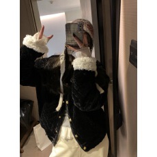 批发9C冬日情书黑色丝绒棉服外套女2025新款冬季保暖显瘦百搭棉衣