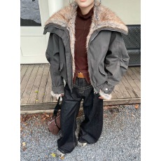 批发美式复古皮毛一体夹克大毛领外套冬季加绒加厚派克服短款棉服女潮