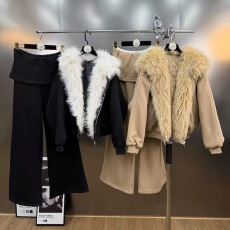 批发毛毛领加厚卫衣套装女秋冬休闲运动夹棉黑色连帽外套阔腿裤两件套