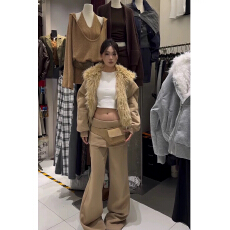 批发毛毛领加厚<b class='q'>卫衣</b><b class='q'>套装</b><b class='q'>女</b>秋冬休闲运动夹棉黑色连帽外套阔腿裤<b class='q'>两件</b>套