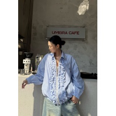 批发O'Moey 韩国东大门2026早春新款时尚蕾丝木耳边条纹休闲外套女