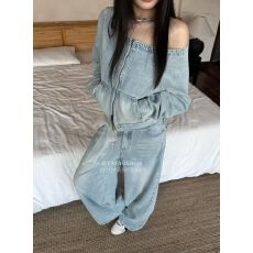 批发牛仔套装2026春季新款不对称露肩衬衫外套街头复古风牛仔裤两件套