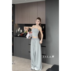 批发辣妹套装女夏季慵懒风休闲<b class='q'>运动</b>灰色吊带背<b class='q'>心高</b>腰显瘦阔腿裤两件套
