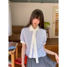批发东京岁时记jk<b class='q'>新款</b>蓝白条纹长袖衬衫学院风上衣<b class='q'>女</b>领带衬衣玫瑰信约