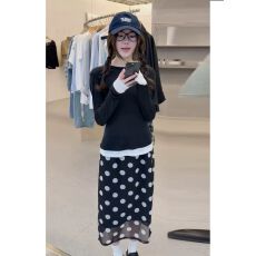 批发WK韩国2026春夏新复古波点黑色A字半身裙女中<b class='q'>长裙</b>显瘦百搭<b class='q'>雪纺</b>裙