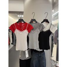 批发2026新款<b class='q'>韩版</b>时尚百搭显瘦蕾丝两件套短袖针织衫上衣