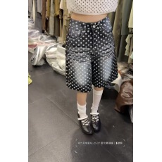 批发<b class='q'>韩国</b>东大门夏季新款复古水洗白点印花高腰百搭时尚显瘦牛仔短裤女