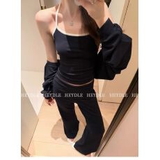 批发黑豆哼哼 LA舞蹈生*蝙蝠袖罩衫挂脖吊带背心软糯微喇休闲裤三件套