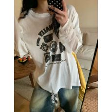 批发DMW美式复古网纱拼接上衣女春季2026宽松显瘦字母印花休闲T恤