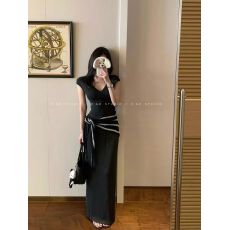 批发2026春夏新款波浪边修身V领性感T恤小飞袖上衣+半身裙长裙套装女