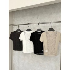 批发洋气圆领设计感拼接蕾丝上衣纯色夏季新款修身气质女人味露腰t恤