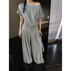 批发2026夏季新款时尚套装女不规则斜肩短袖上衣+阔腿裤休闲两件套潮