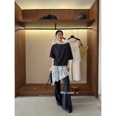 批发26夏季新款韩版时尚百搭圆领短袖女宽松显瘦上衣+<b class='q'>蕾丝</b>拼接喇叭裤