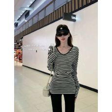 批发早春漂亮套装女韩系设计感休闲宽松条纹t恤上衣高腰微喇<b class='q'>裤</b>两件套