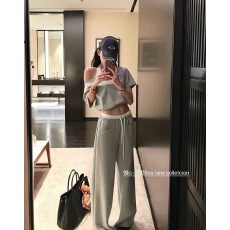 批发70不是七十灰色针织春季韩系套装女假两件挂脖打底短袖t恤休闲<b class='q'>裤</b>
