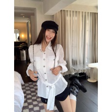 批发韩版宽松松弛感收腰正肩<b class='q'>衬衫</b>女夏季多口袋金属手工扣设计白色<b class='q'>衬衣</b>
