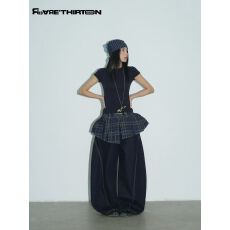 批发2026春夏新款<b class='q'>韩版</b>格子屁帘假两件套牛仔裤女宽松直筒直筒长裤潮