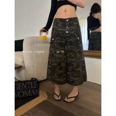 批发2026美式复古街头设计感水洗迷彩牛仔七分裤女潮款阔腿宽松中裤