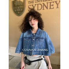 批发CZ ZHANG复古翻领宽松斗篷款牛仔短外套女2026春季<b class='q'>新款</b>设计感上衣