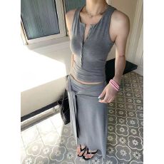 批发夏蓝汐雨SMBL RAIN浅灰色高级感针织无袖上衣服套装半身裙两件套