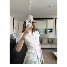 批发Xzichic学姐<b class='q'>衬衫</b>/V翻领高级感收腰口袋短袖上衣夏季亚麻<b class='q'>衬衫</b>女
