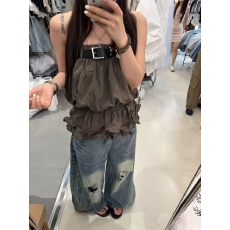 批发辣妹风抹胸<b class='q'>蓬蓬</b>花苞裙女夏季小众甜美风时尚撞色拼接荷叶边上衣