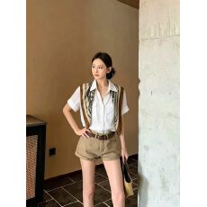 批发WH JIA春季美式时髦刺绣慵懒短袖纽扣<b class='q'>衬衫</b>女百搭宽松开衫丝巾上衣