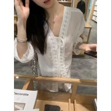 批发十三行夏季款韩系甜美风V领<b class='q'>蕾丝</b>系带亚麻衬衫女宽松百搭<b class='q'>长袖</b><b class='q'>上衣</b>