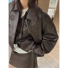 批发OHLABABY复古<b class='q'>皮衣</b><b class='q'>女</b>秋翻领拉链镂空刺绣花朵黑色短款宽松外套上衣
