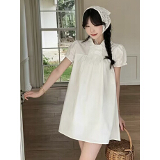 批发<b class='q'>韩版</b>甜美少女气质泡泡袖娃娃领衬衫连衣裙