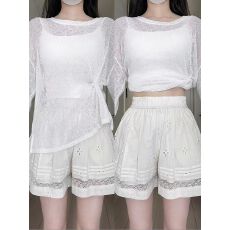 批发浙江做工镂空蕾丝拼接阔腿短裤女夏2025新款高腰显瘦休闲五分裤