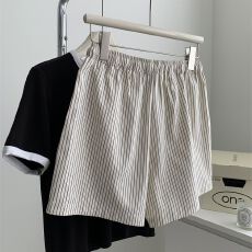 批发官图条纹高腰抽绳阔腿短裤女夏天百搭宽松大码休闲运动沙滩热裤潮