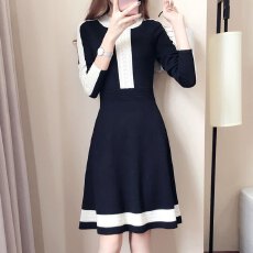 批发韩国<b class='q'>高档</b>镂空中长款过膝毛衣裙秋冬圆领撞色打底内搭针织衫<b class='q'>连衣裙</b>