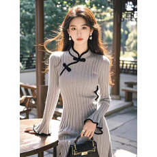批发新中式国风针织长袖连衣裙今年流行盘扣淑女修身<b class='q'>包臀</b>内搭打底<b class='q'>长裙</b>