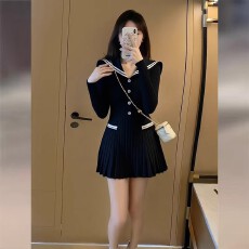 批发法式黑色海军领针织连衣裙子女2025新款早<b class='q'>春</b>时髦修身显瘦百褶短裙