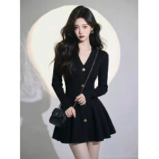 批发小个子法式收腰气质黑色花苞V领连衣裙2025早<b class='q'>春</b>新款短裙裙子女装