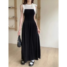 批发法式撞色拼接蝴蝶结背心<b class='q'>连衣裙</b>女夏季气质收腰显瘦针织A字裙长裙