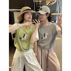 2026新款撞色叠穿假两件拼接袖设计感趣味小马印花针织衫上衣女