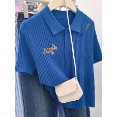 批发蓝色彩虹小马正肩短袖<b class='q'>t</b><b class='q'>恤</b>女夏季新款洋气减龄时尚polo领正肩上衣