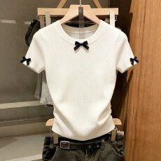 批发白色蝴蝶结短袖T恤<b class='q'>女</b>2026春夏新款氛围感百搭显瘦<b class='q'>针织衫</b>圆领<b class='q'>毛衣</b>