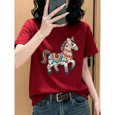 批发红色短袖纯棉印花短袖<b class='q'>t</b><b class='q'>恤</b>女2026马年本命年衣服新年拜年内搭上衣