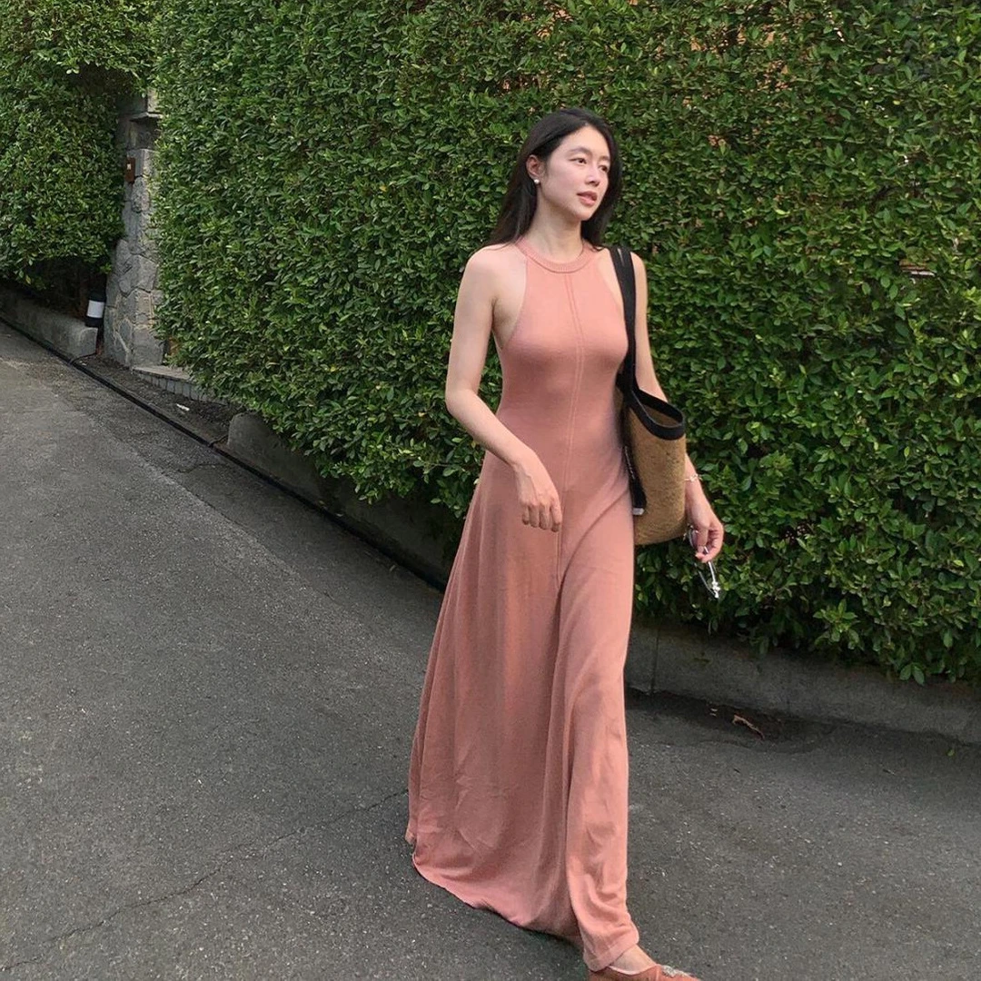 핑크색 도파민 행침 목 슬립 롱 스커트 해변가 휴가 품격 해변 드레스 여름