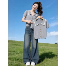 批发灰色蕾丝翻领修身针织衫短袖T恤女2026新款夏季炸街独特漂亮上衣