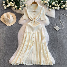 批发韩国轻奢名媛时尚金属扣POLO领冰丝连衣裙高端优雅垂感镂空<b class='q'>OL</b>长裙