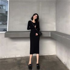 批发韩国秋冬季新款修身长款过膝<b class='q'>长裙</b>v领打底内搭黑色针织毛衣<b class='q'>连衣</b>裙