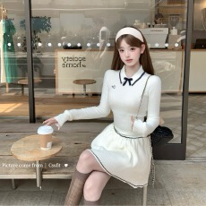批发迟伞伞26ss 米兰腔调 Valen撞色<b class='q'>蝴蝶结</b>华夫格针织上衣半裙套装