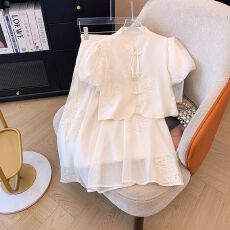 批发【两件套】新中式国风改良白色旗袍女夏新款小个子半身裙两件<b class='q'>套装</b>