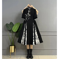 批发【非胖勿进】时尚大码<b class='q'>连衣裙</b>胖mm盘扣复古印花<b class='q'>拼接</b>大摆裙中国风