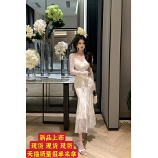 批发方领蕾丝修身显瘦长袖连衣裙中长款名媛风春秋