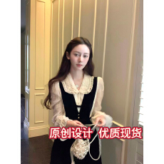 批发桃可了 黑白画境 刺绣重工翻领白色<b class='q'>衬衣</b>女+背带丝绒连衣裙套装秋